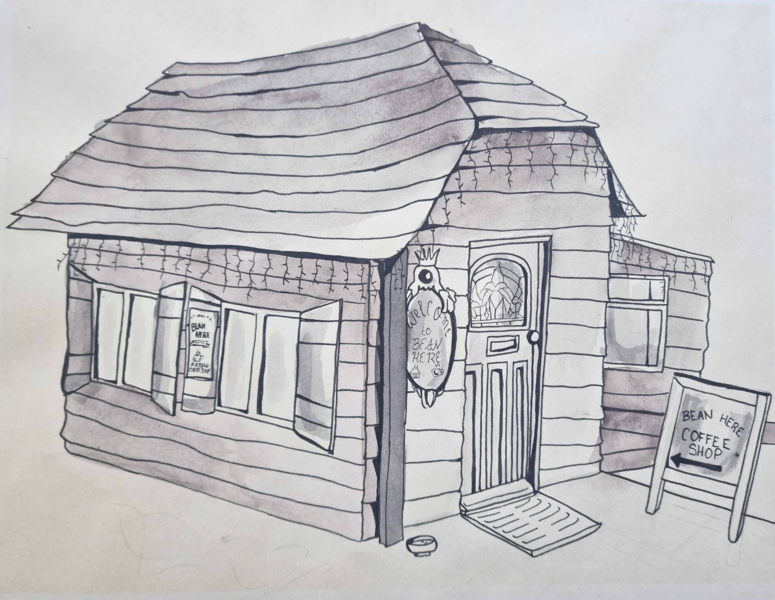 Early pencil sketch of the original Bean Here coffee shop