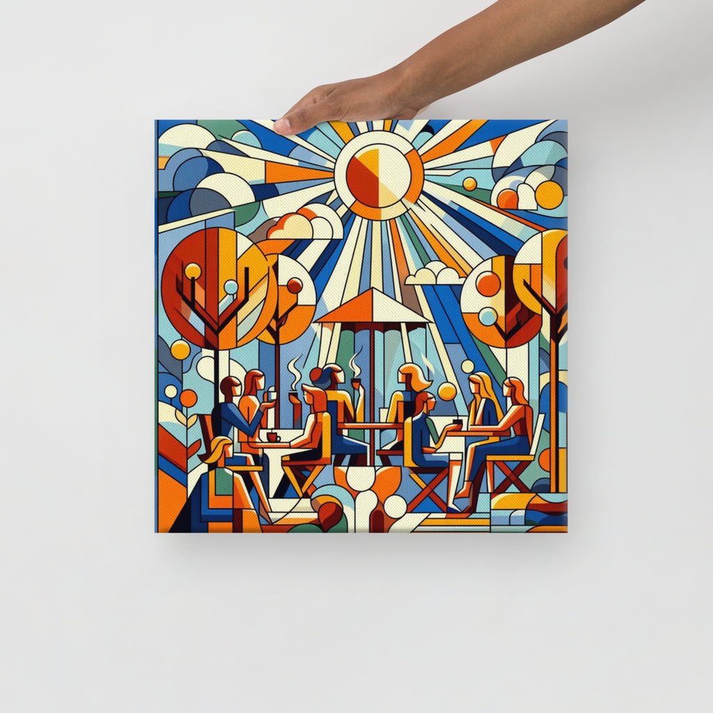 Sunlit cafe abstract artwork of people at a table with a hand holding it on a white background