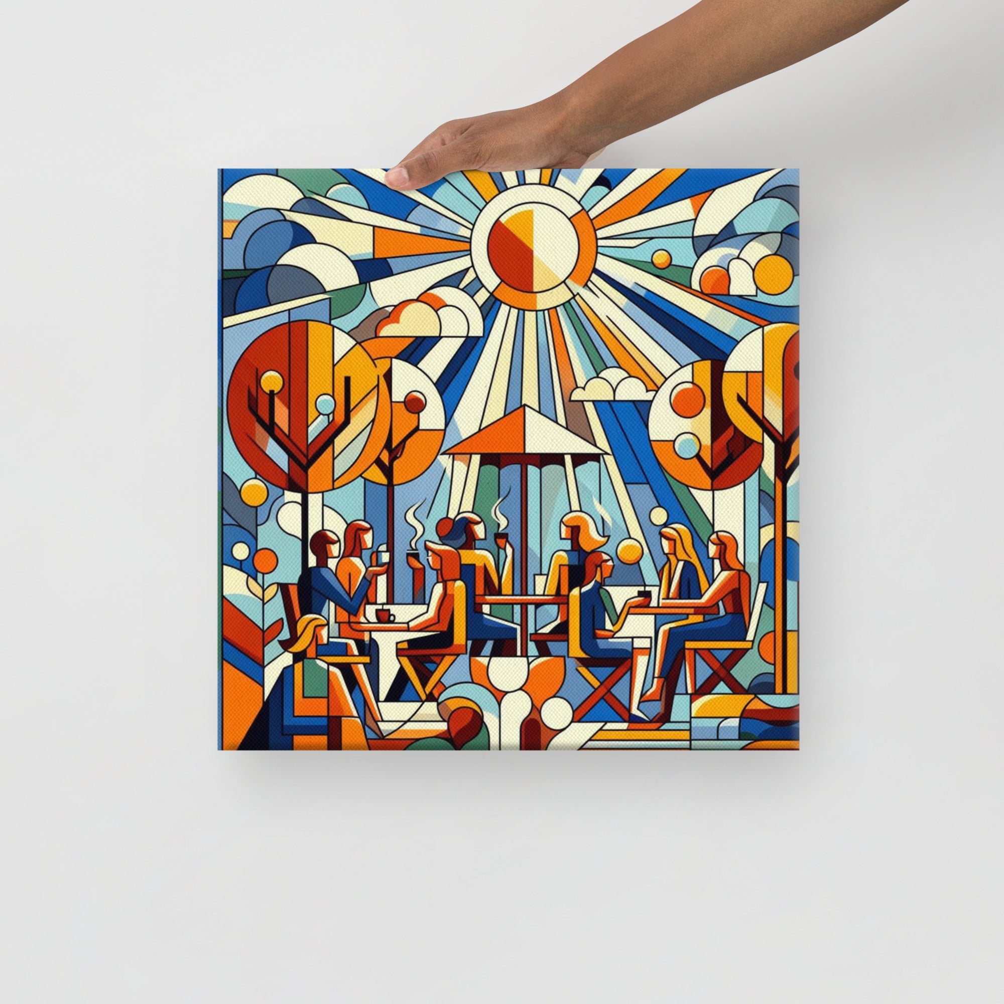 Sunlit cafe abstract artwork of people at a table with a hand holding it on a white background