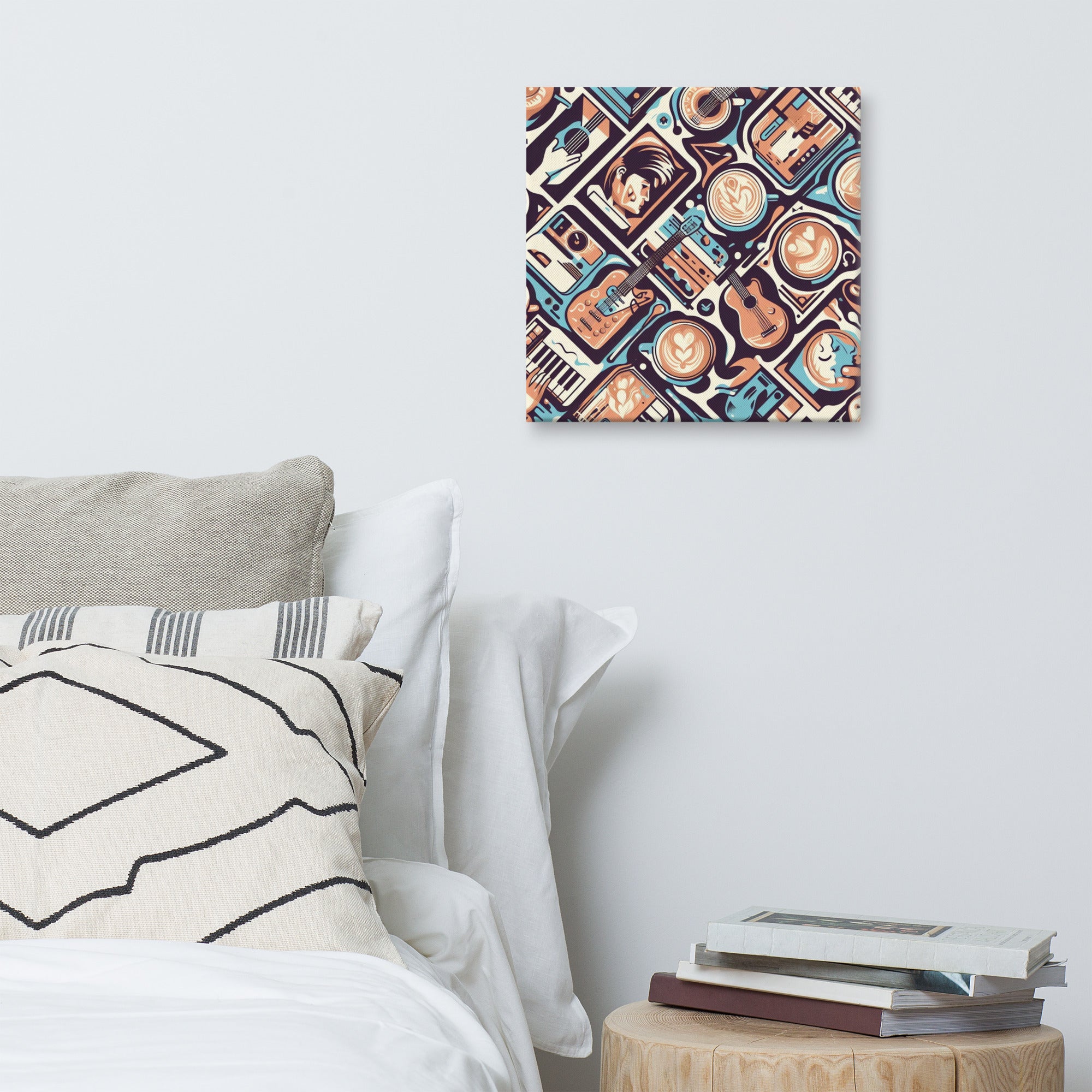 80s New Wave abstract patterned wall art above a bed with pillows and books on a nightstand.