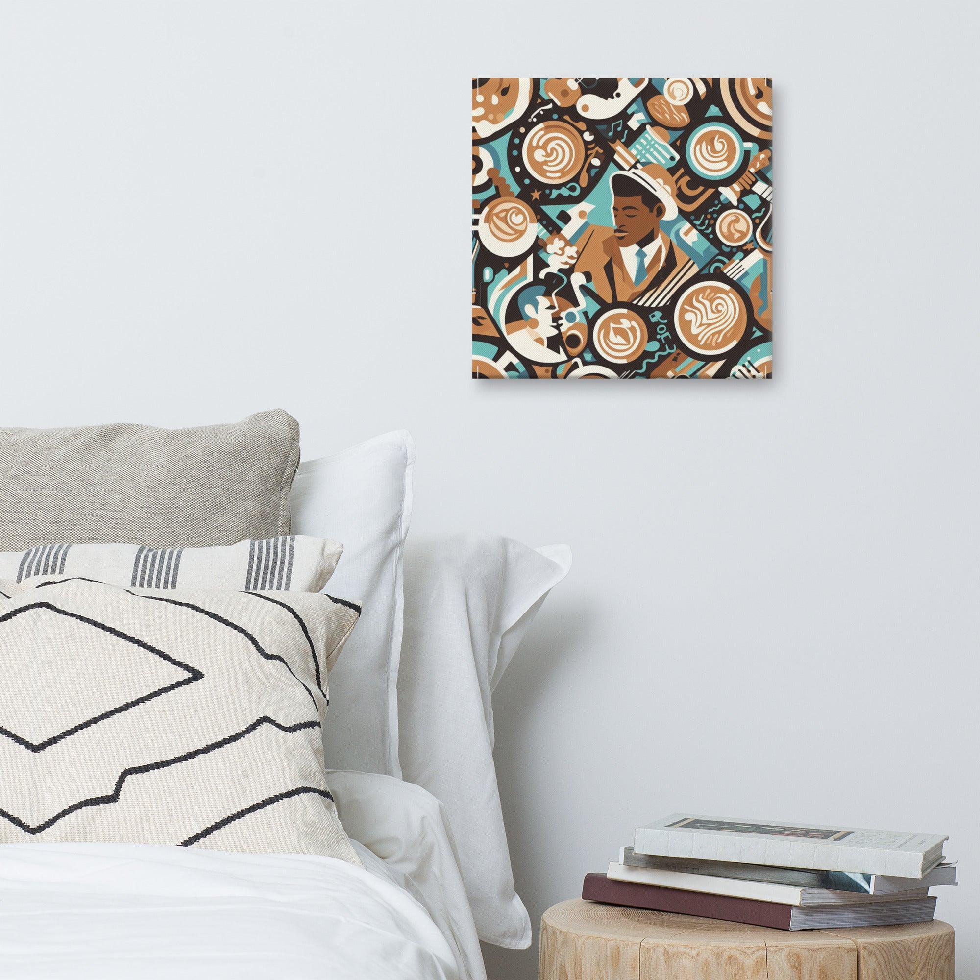60s R&B – Cubist Coffee & Music wall art above a bed with books on a nightstand.