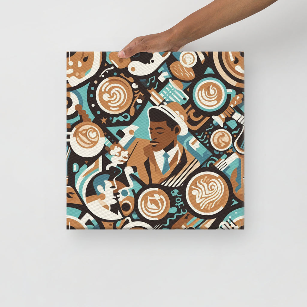 Canvas print with a stylised design of a person playing a saxophone and coffee bean pattern on a white background.