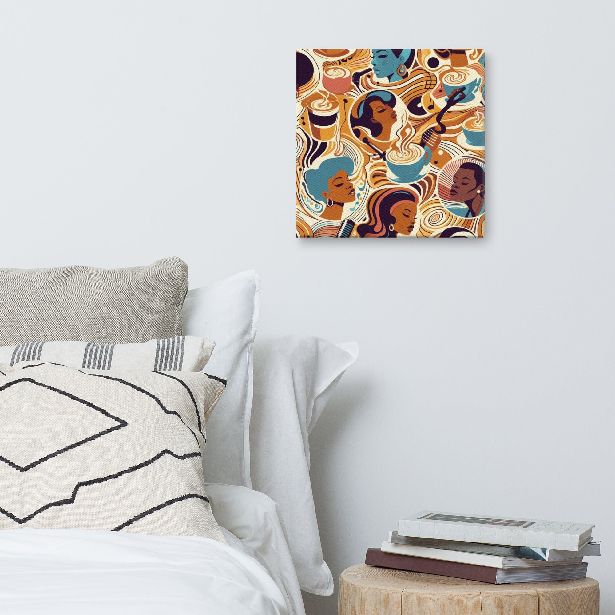 Decorative wall art with a colorful abstract pattern of women's faces above a bed. 