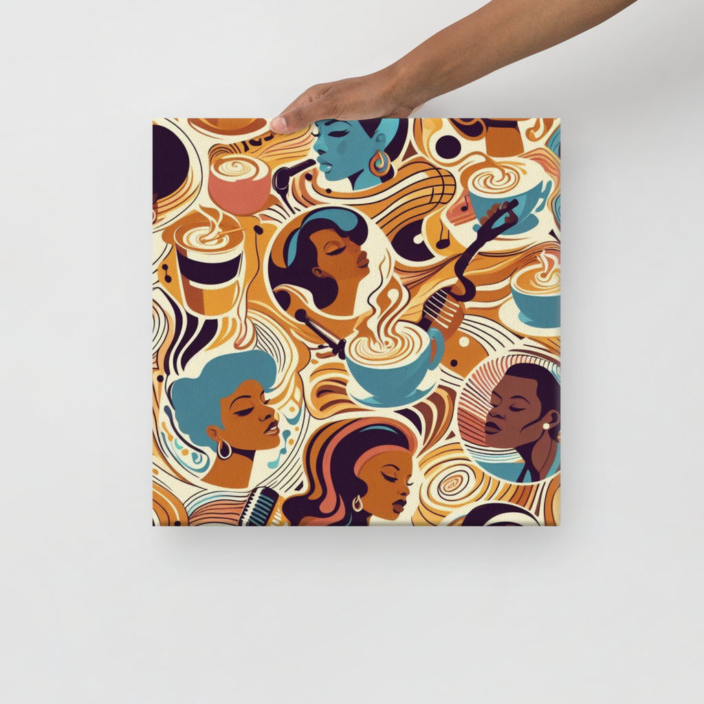 Decorative artwork with a colourful pattern of soul singers and coffee cups on a white background.