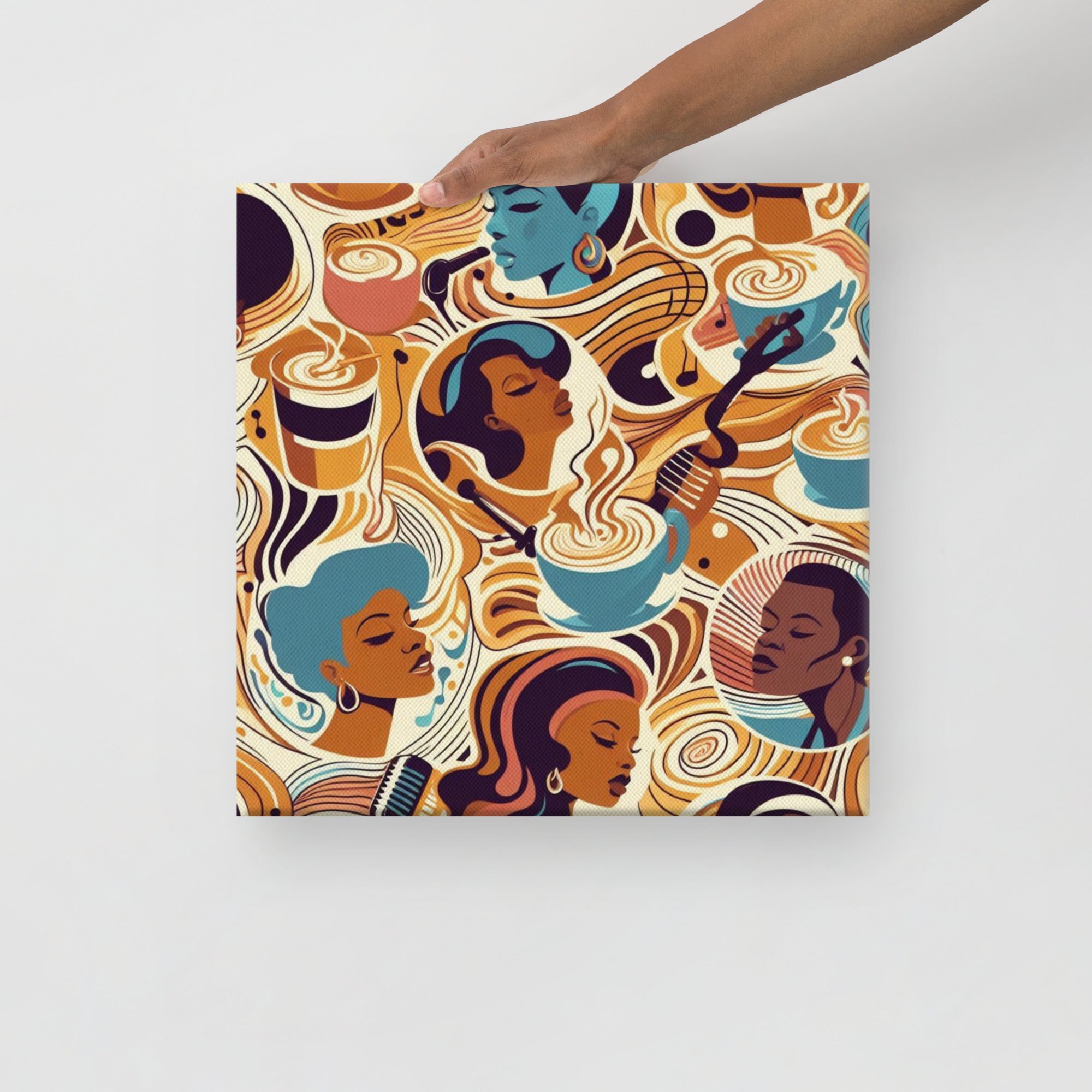 Decorative artwork with a colourful pattern of soul singers and coffee cups on a white background.