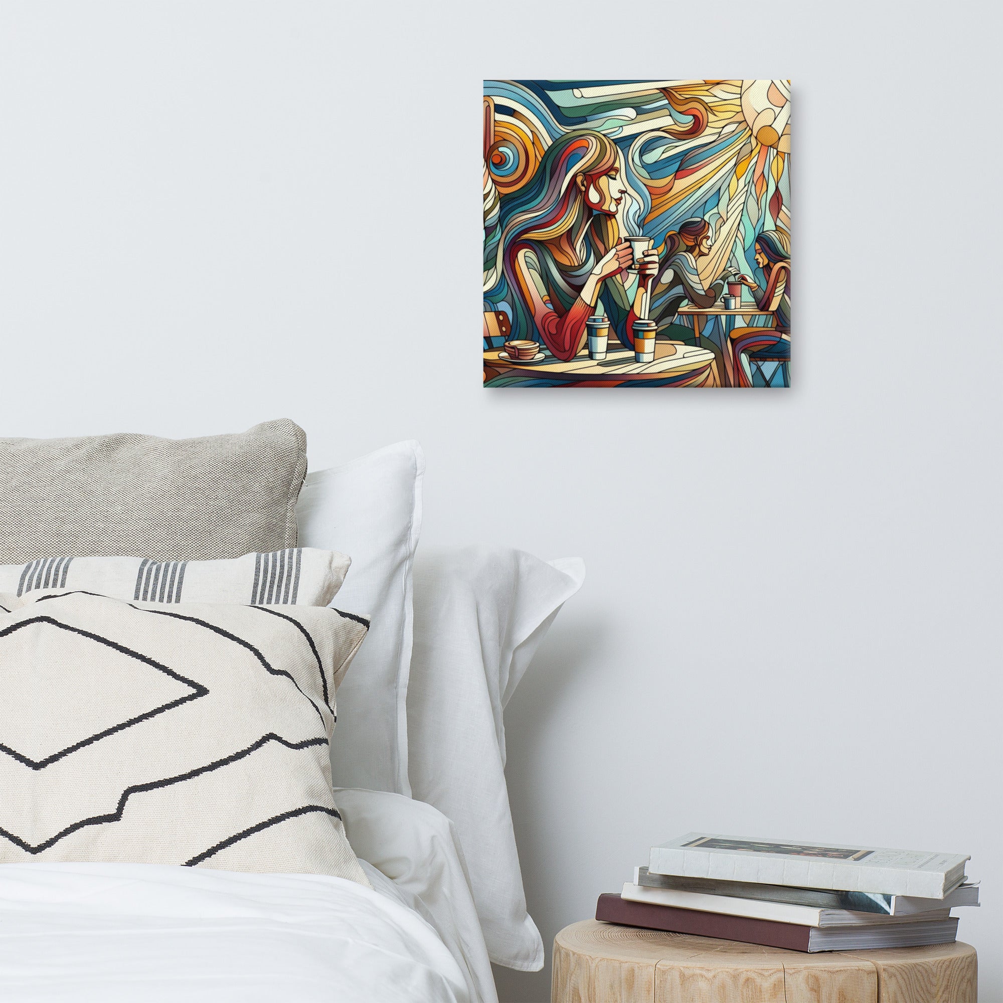 Spring Sun Café abstract painting on a wall above a bed with books on a nightstand.