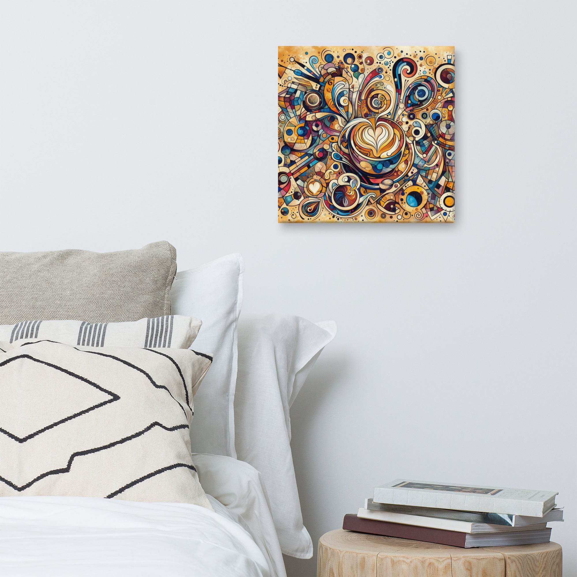 Kandinsky Morning Coffee abstract wall art above a bed with pillows and books on a nightstand.