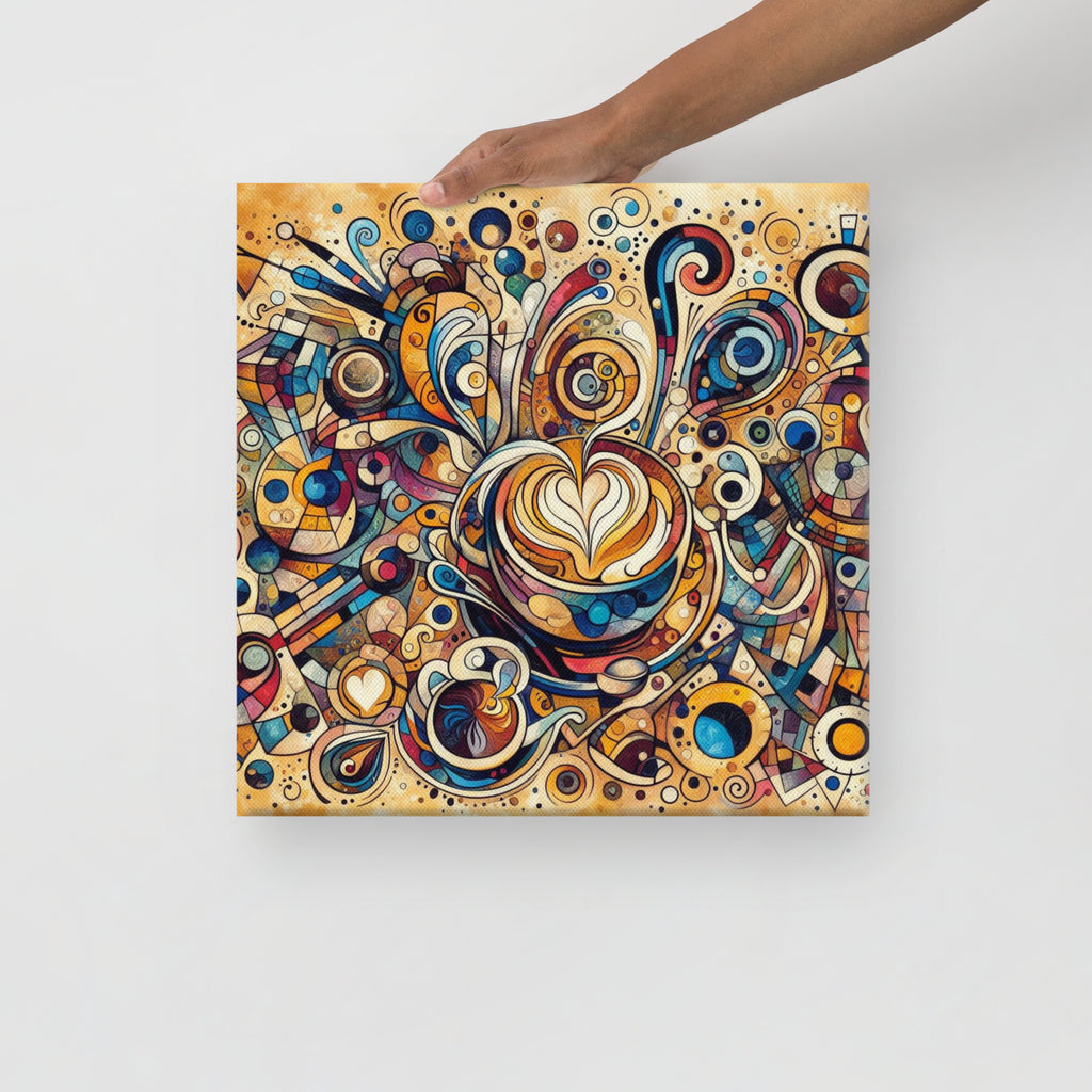 Kandinsky Morning Coffee abstract artwork on a canvas held by a hand against a white background