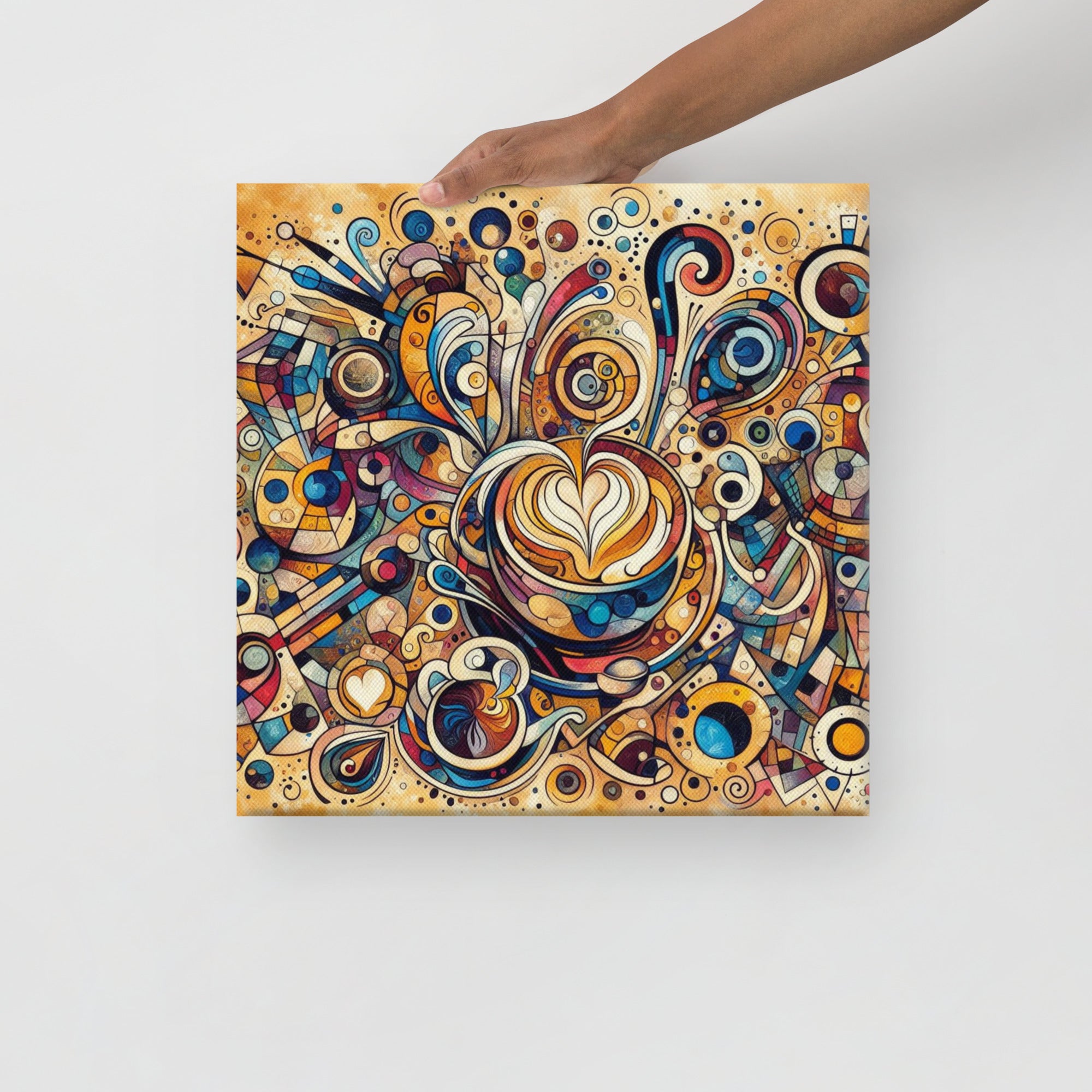 Kandinsky Morning Coffee abstract artwork on a canvas held by a hand against a white background