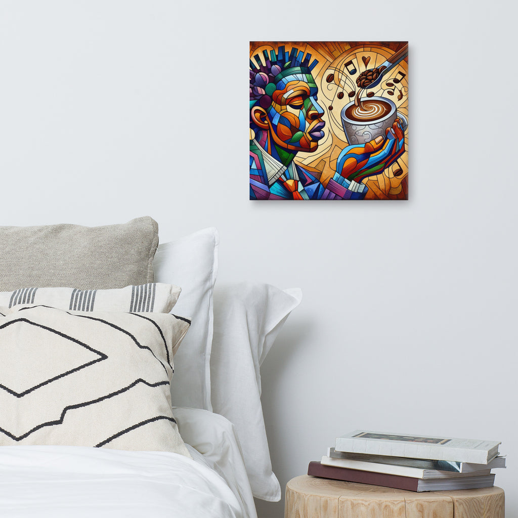 Soul Brew abstract painting of a man's face with a coffee cup on a wall above a bed.