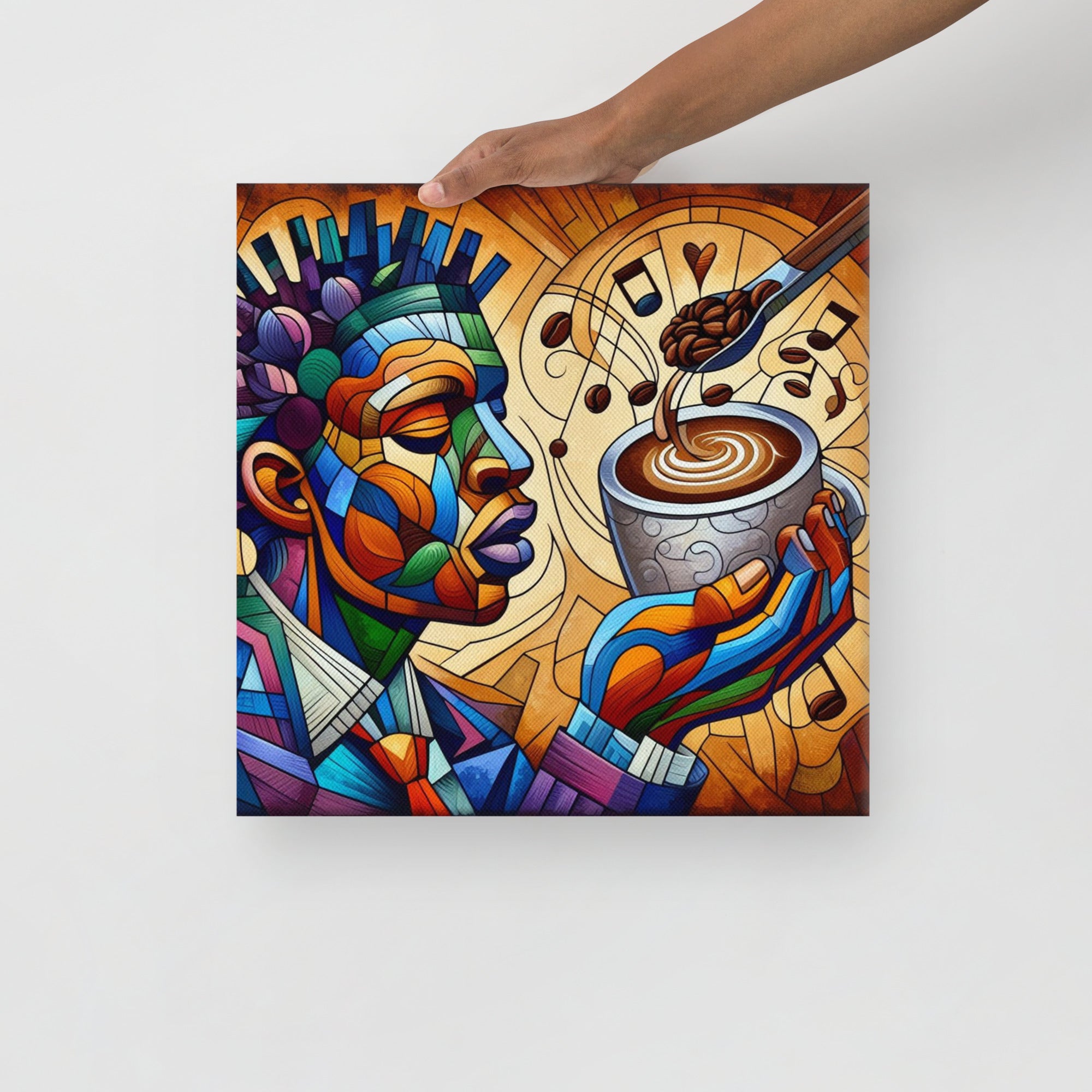 Soul Brew artwork of a face with musical notes and a coffee cup on a white background