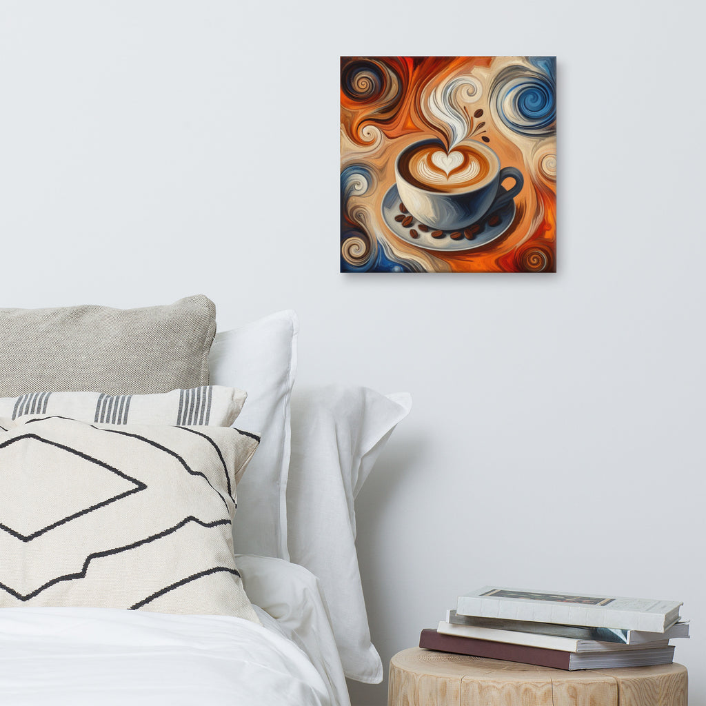 Latte Swirl abstract print of a coffee cup on a wall above a bed with pillows and books.