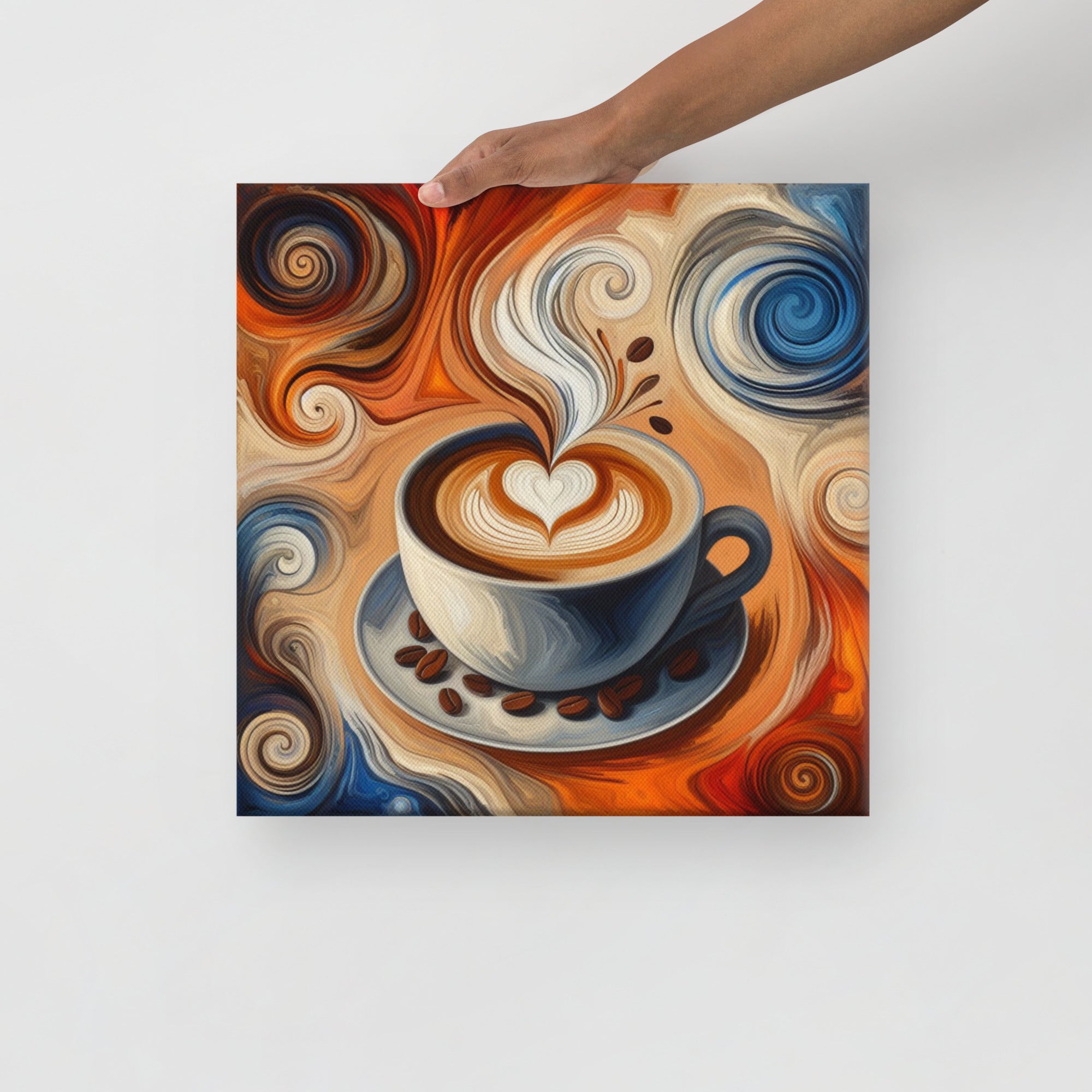 Canvas print of a coffee cup with artistic Latte Swirl held by a hand on a white background