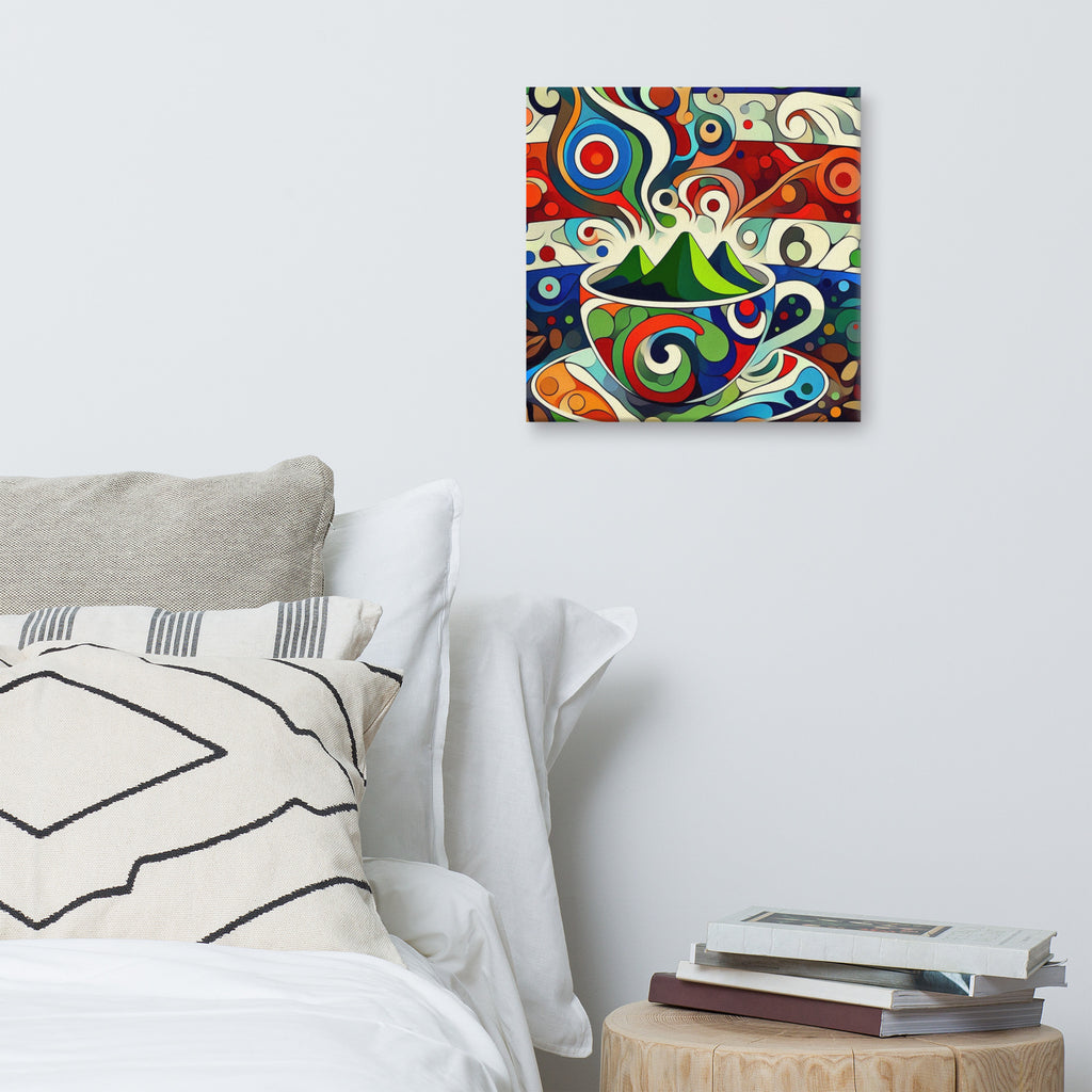 Colourful abstract painting of a coffee cup on a wall above a bed with pillows and books.
