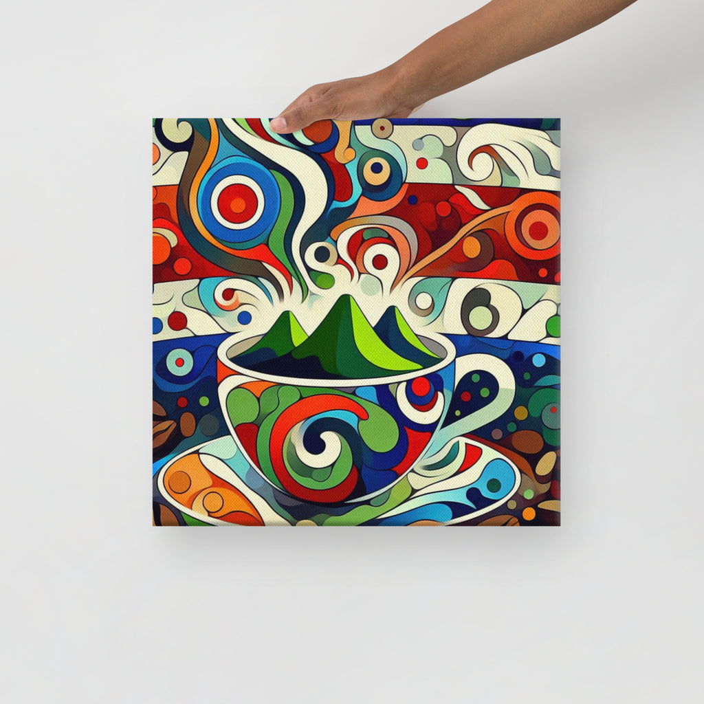 Colorful abstract painting of a coffee cup with a hand holding it on a white background