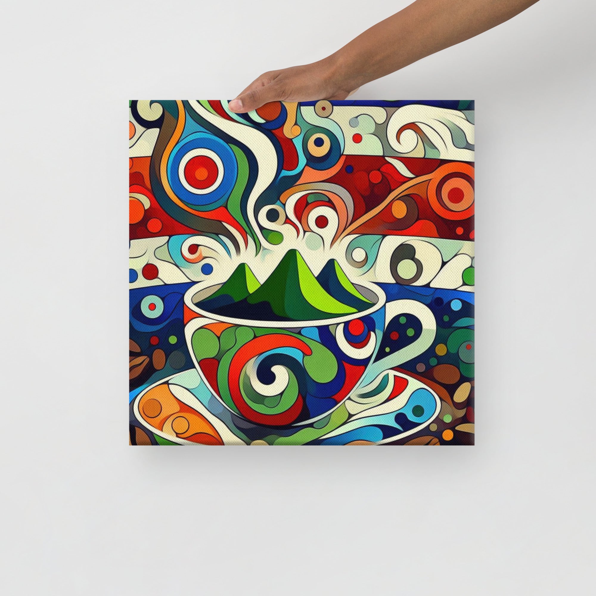 Colorful abstract painting of a coffee cup with a hand holding it on a white background