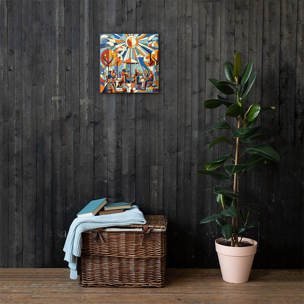 Cafe Terrace abstract painting on a dark wooden wall with a wicker basket and plant below.