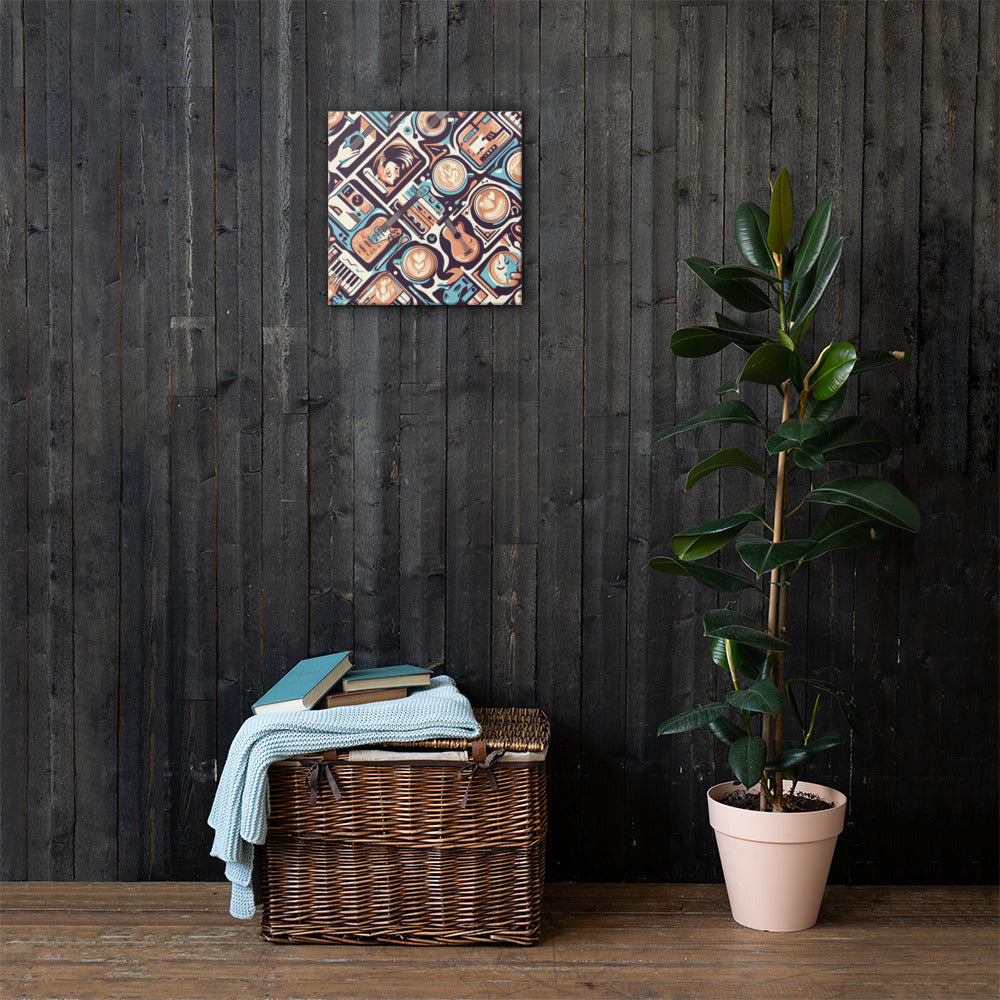 Wicker basket with folded clothes against a dark wooden wall with an 80s New Wave framed picture and a potted plant.