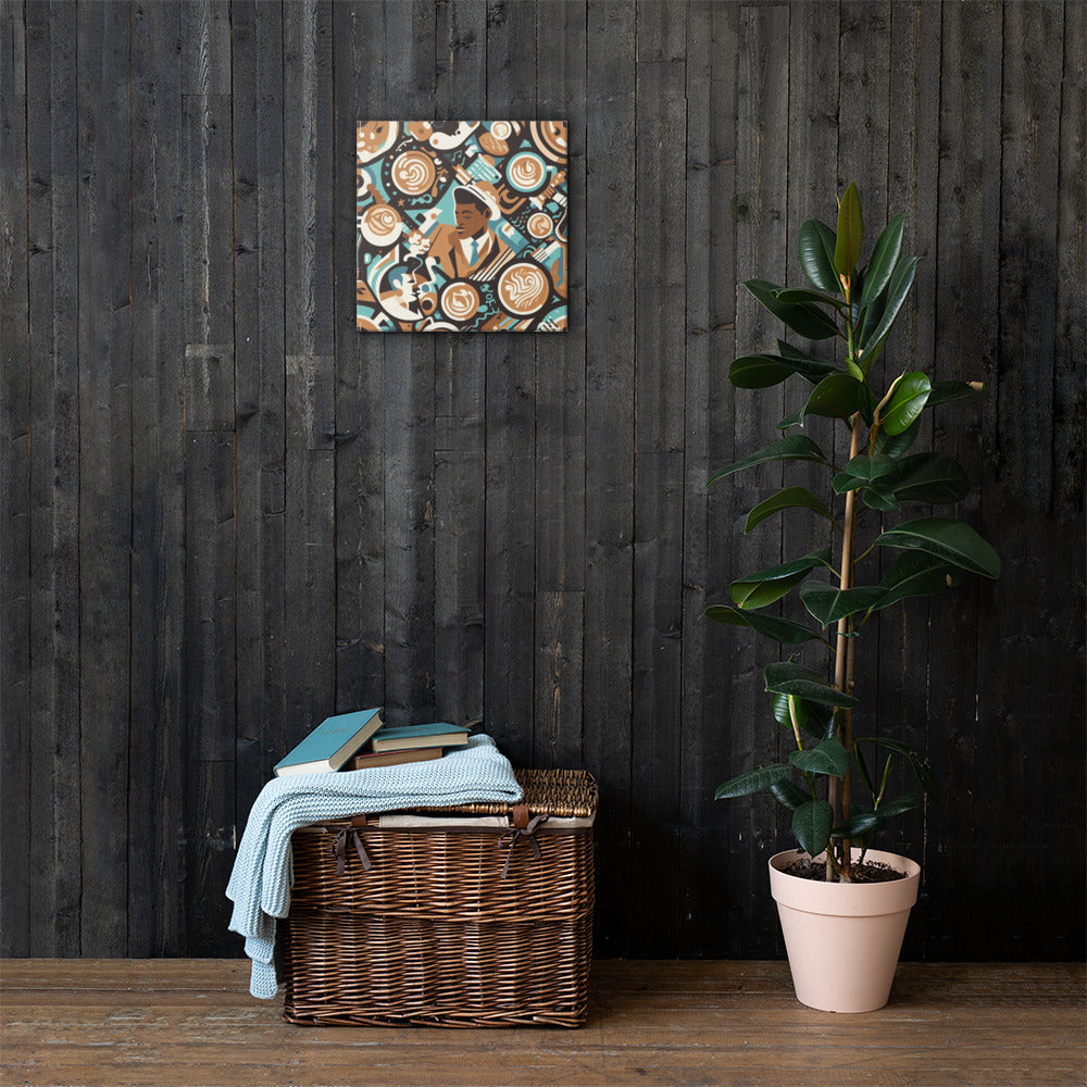 Wicker basket with folded clothes against a dark wooden wall with a 60s R&B – Cubist Coffee & Music print , next to a potted plant.