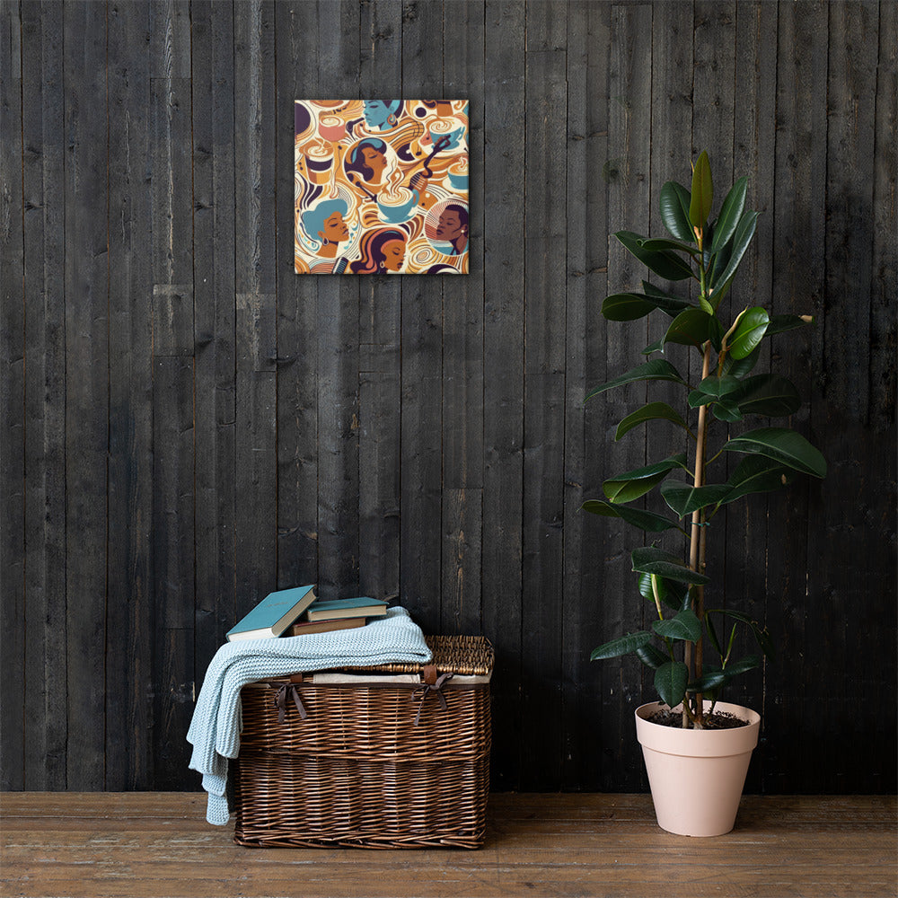 Wicker basket with folded clothes against a dark wooden wall with a colourful abstract painting of Coffee & Music
