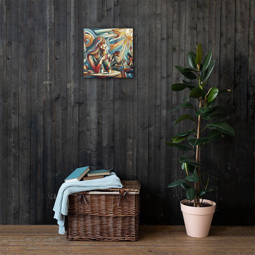 Wicker basket with folded clothes against a dark wooden wall with a Spring Sun Café painting and a potted plant.