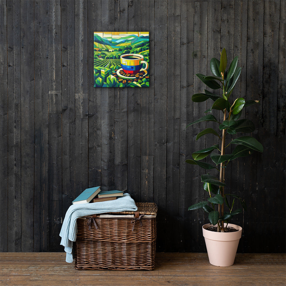 Colombian Roast abstract painting of a coffee cup on a dark wooden wall with a woven basket and plant below.