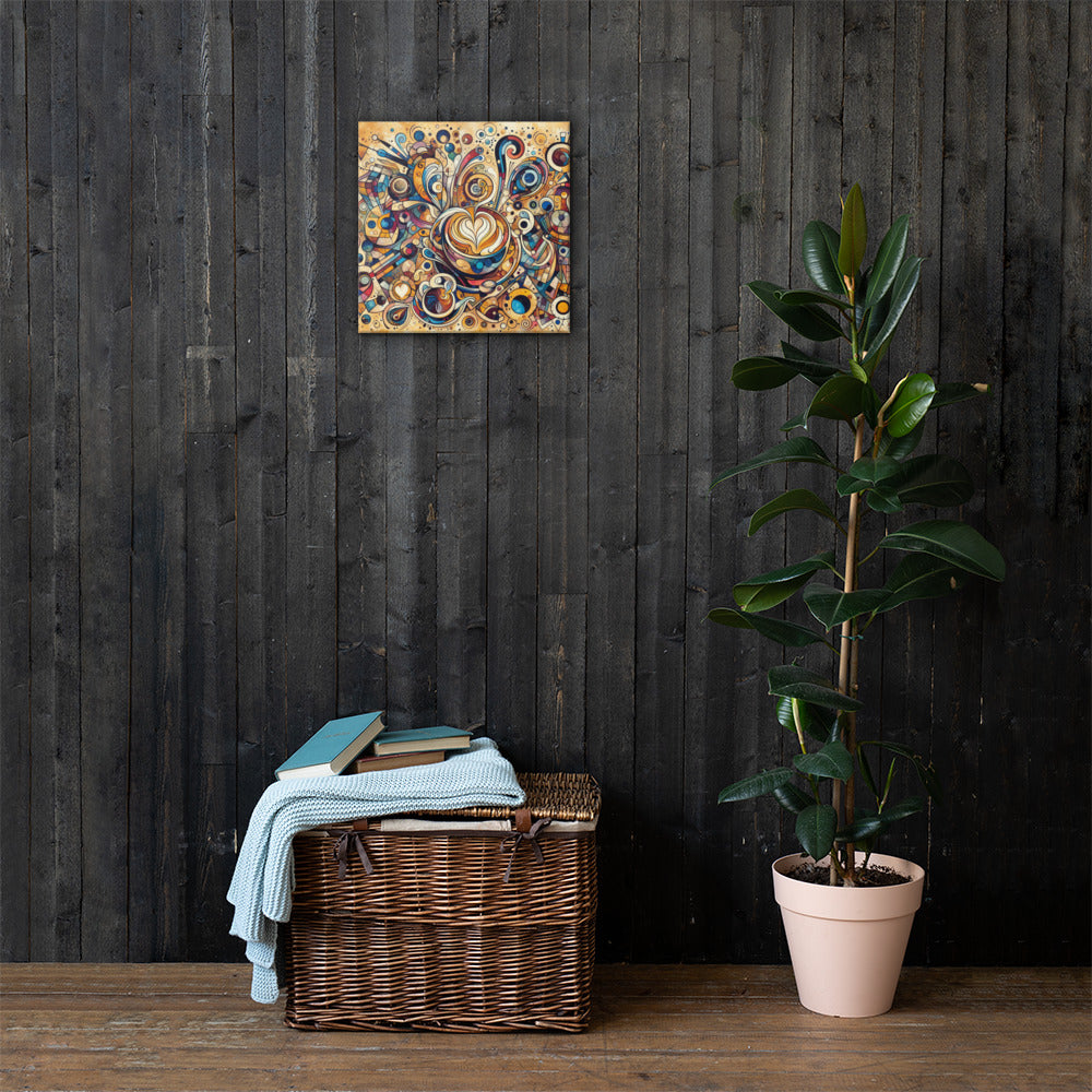 Kandinsky Morning Coffee artwork on a dark wooden wall with a wicker basket and plant below.
