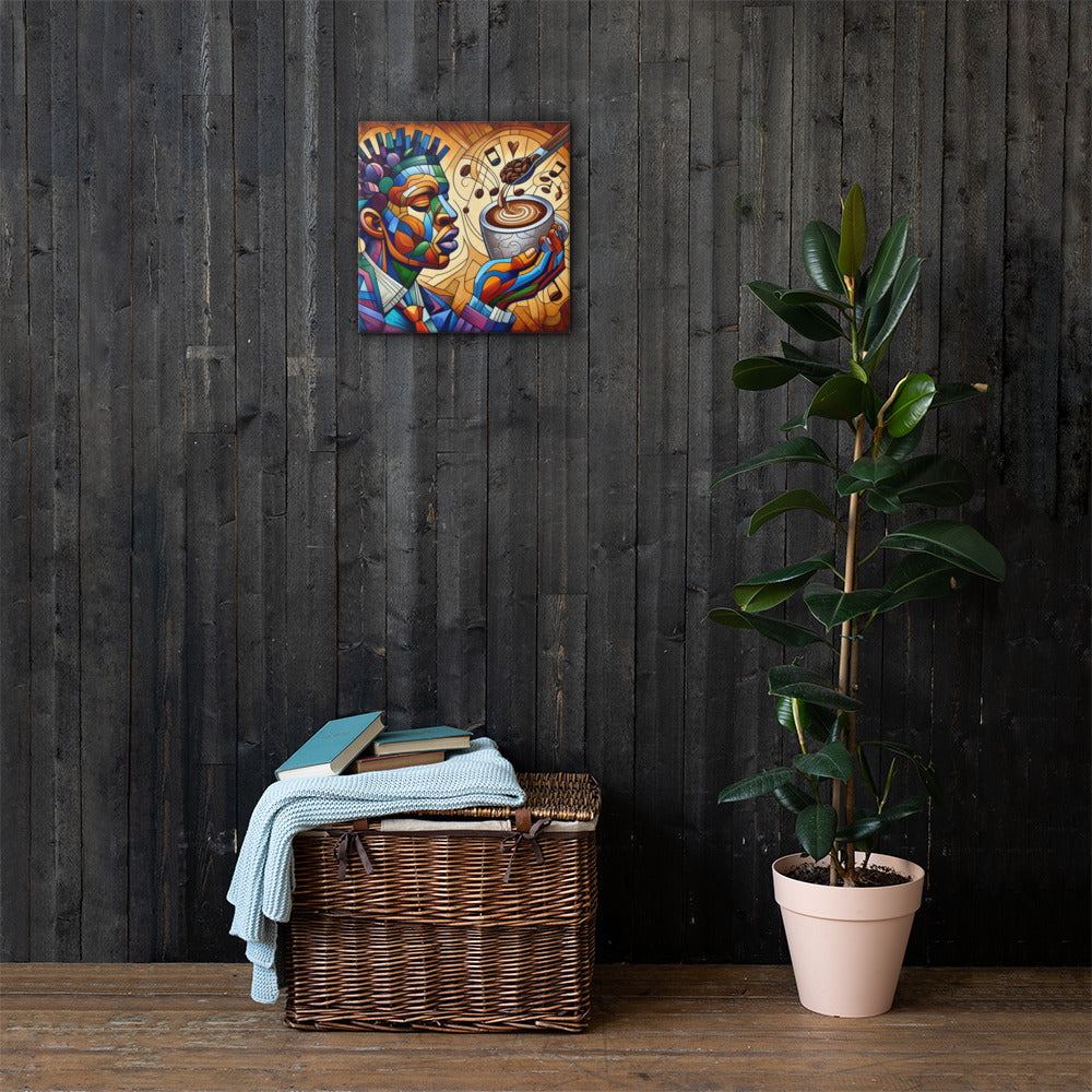 Soul Brew wall art above a woven basket with books and a plant on a wooden floor.