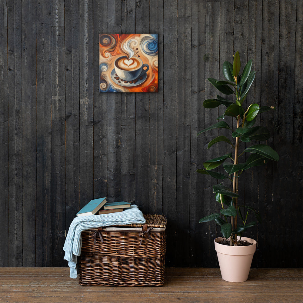 Wicker basket with folded clothes against a dark wooden wall with a Latte Swirl abstract print and a potted plant.