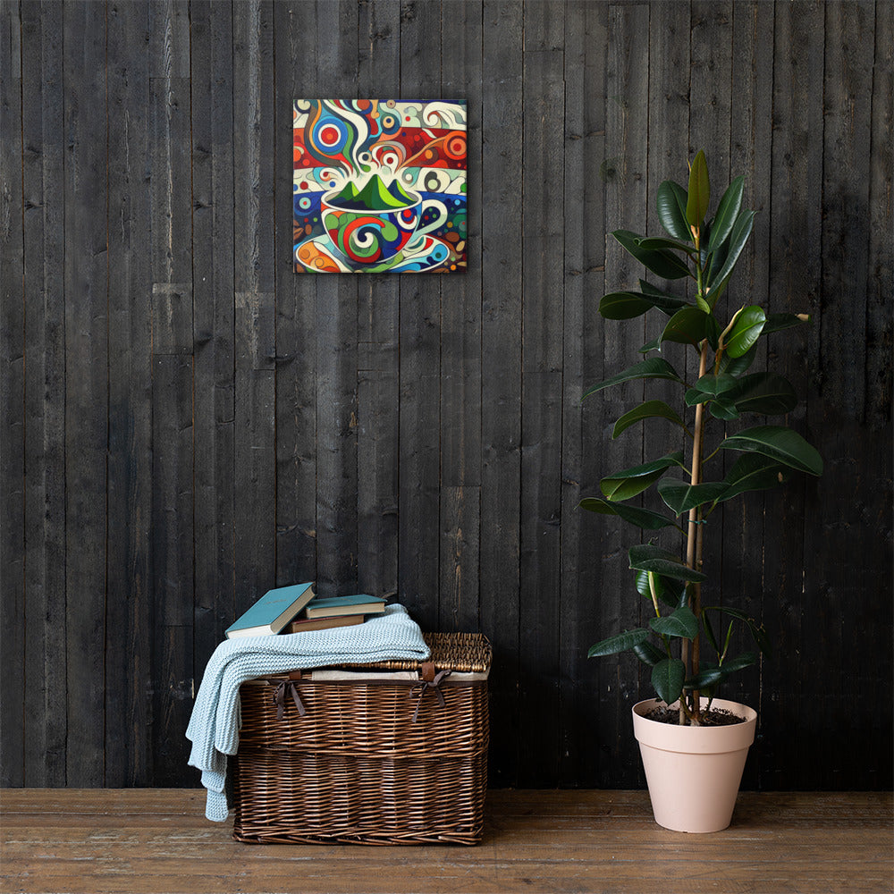 Decorative Costa Rica theme painting on a dark wooden wall with a wicker basket and plant below.