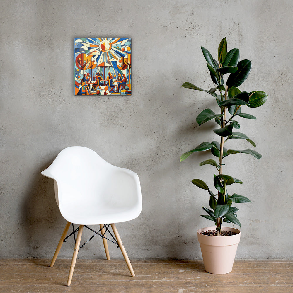 White chair next to a potted plant with a Sunlit Cafe abstract painting on a gray wall.