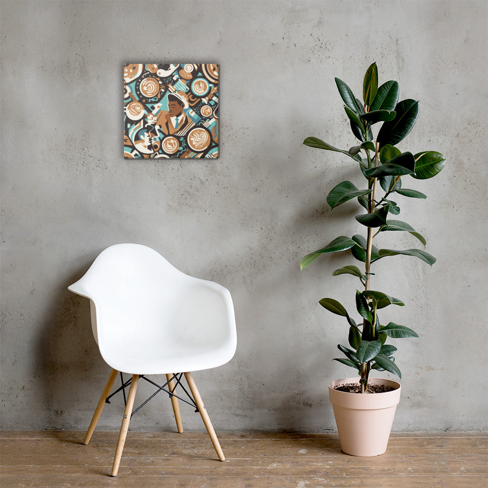 White chair next to a potted plant against a grey wall with a 60s R&B – Cubist Coffee & Music canvas