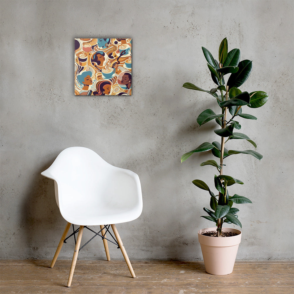 White chair next to a potted plant against a gray wall with a colorful abstract painting  of Coffee & Music