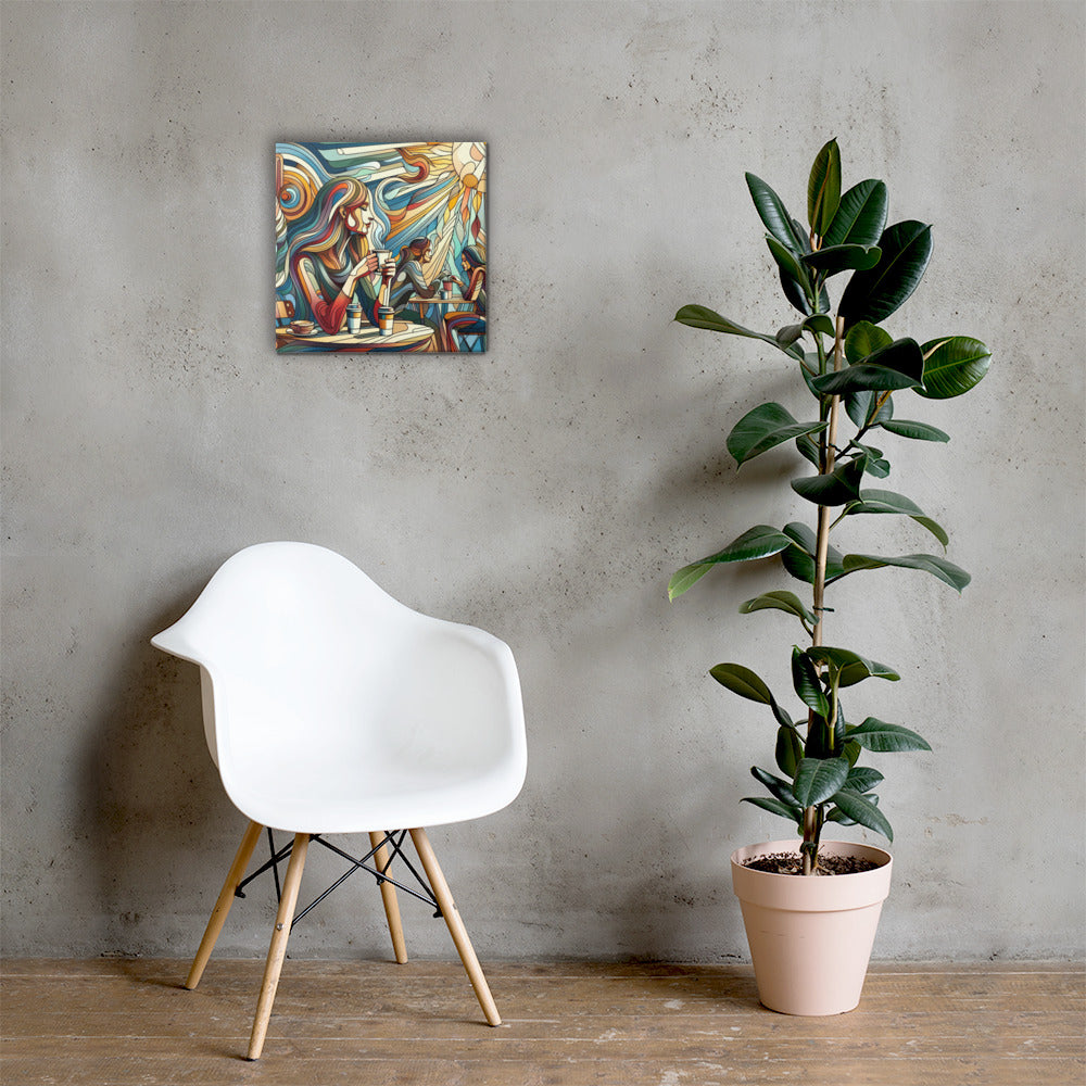 White chair next to a potted plant against a gray wall with a Spring Sun Café abstract painting.
