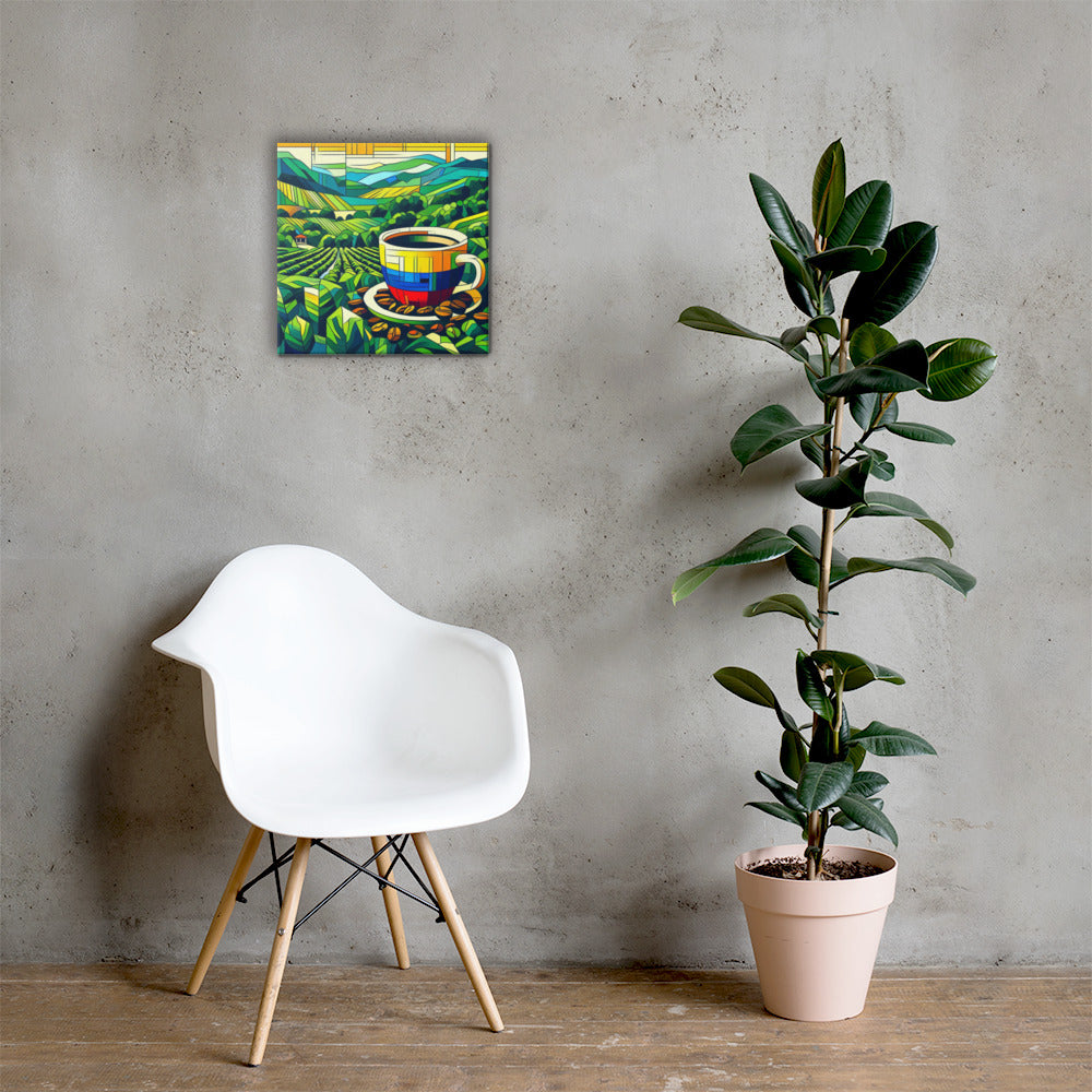 White chair next to a potted plant with a Colombian Roast artwork of a coffee cup on a grey wall.