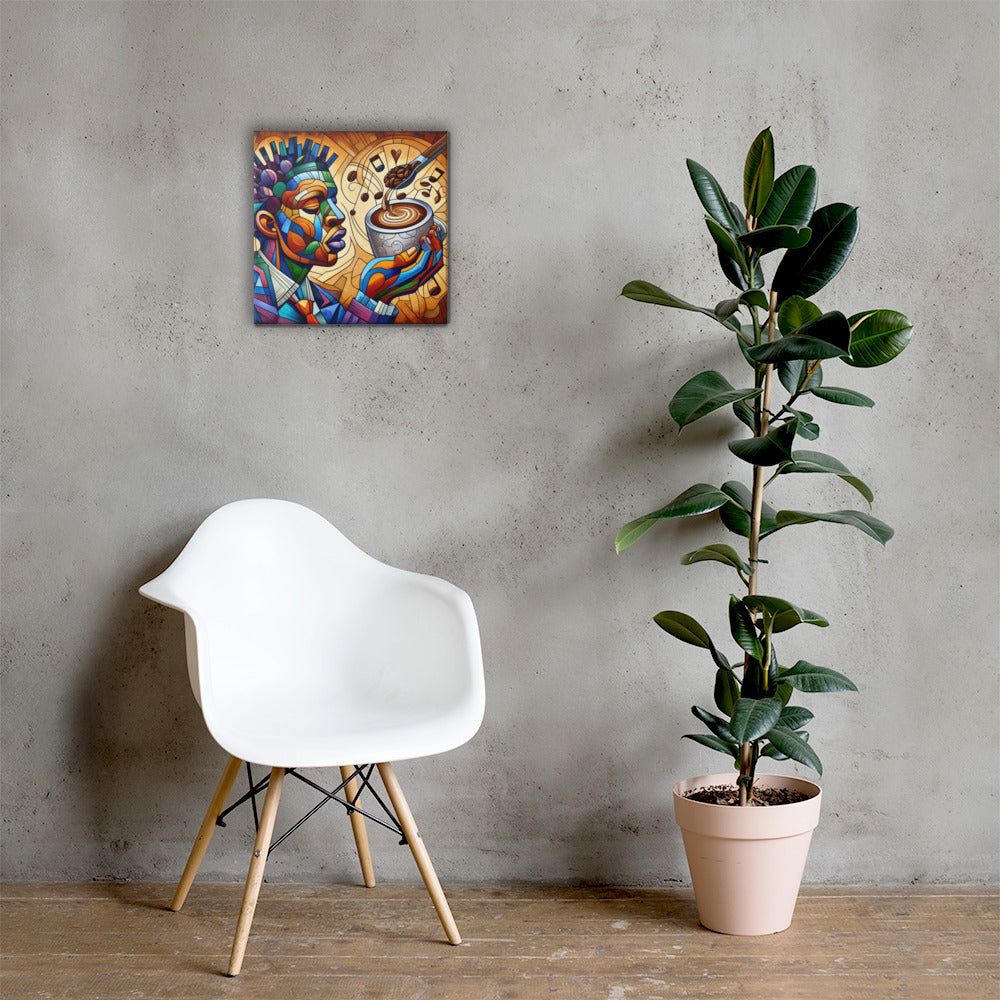White chair next to a potted plant with a Soul Brew print on a grey wall.