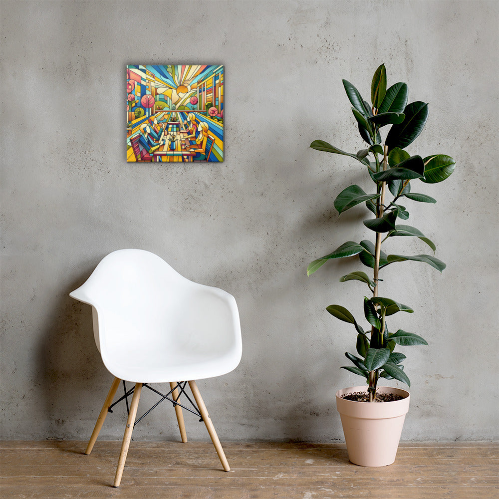 White chair next to a potted plant against a grey wall with a Sunlit Café Café abstract painting.