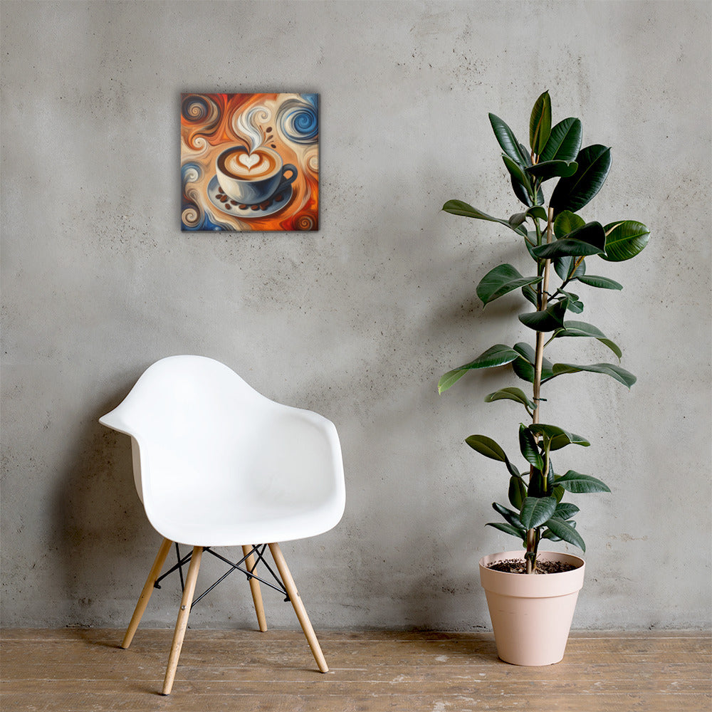 White chair and potted plant against a grey wall with an abstract Latte Swirl canvas