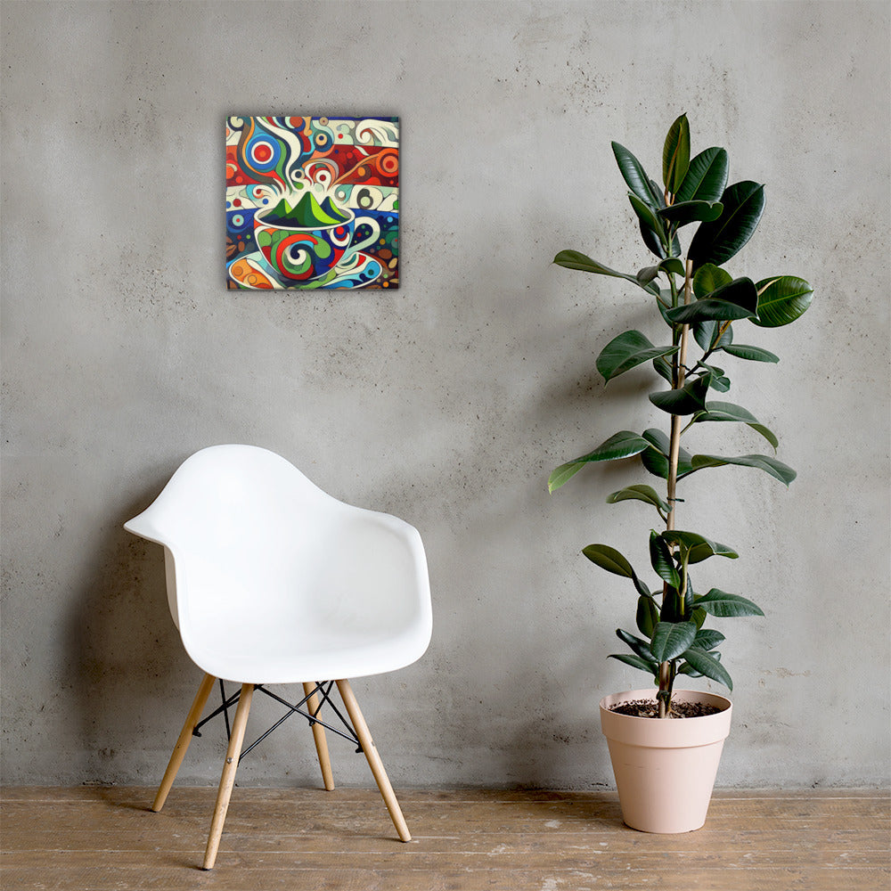 White chair next to a potted plant with a Costa Rica Coffee – Abstract Coffee abstract painting on a gray wall.