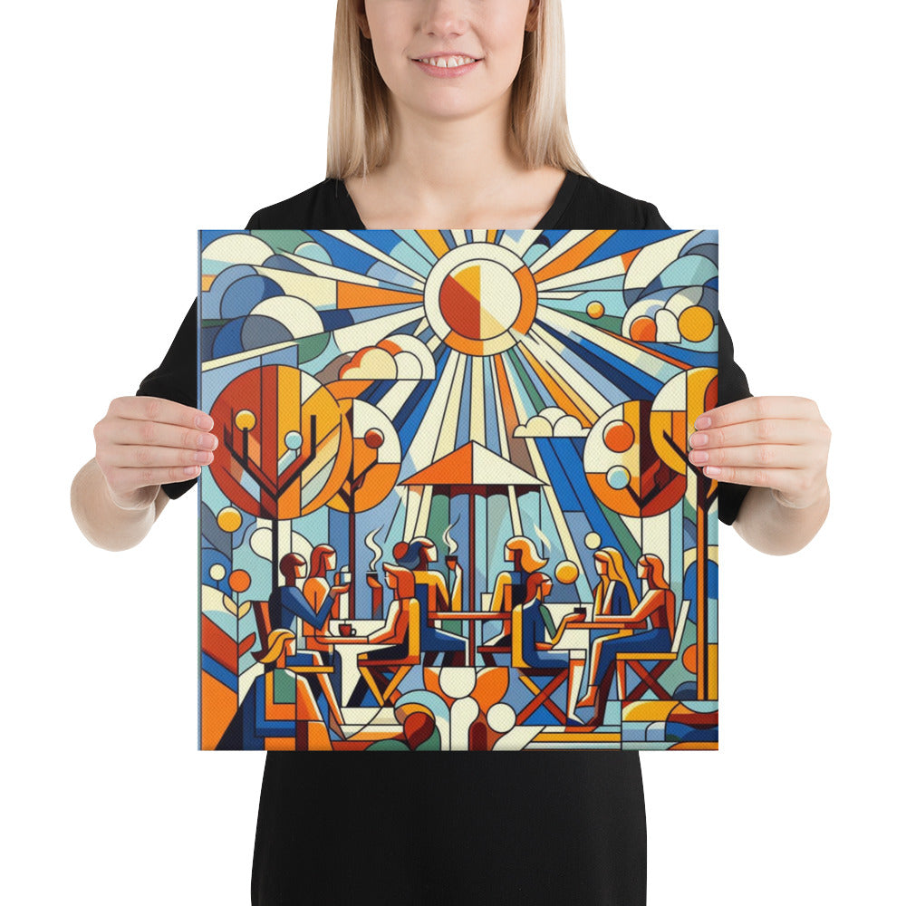 Person holding a colourful Sunlit Cafe abstract artwork