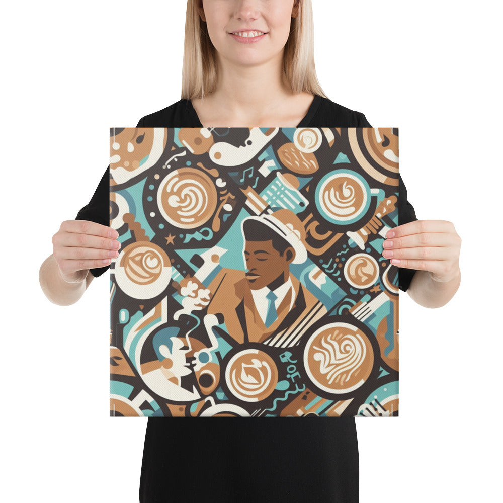 Person holding a colorful artwork with a pattern of coffee and musical instruments.