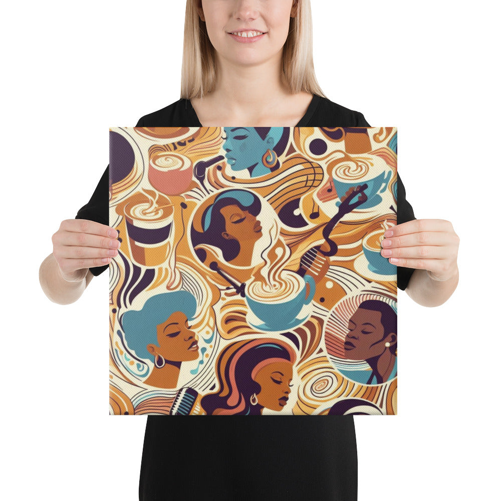 Person holding a square canvas print with a colourful design of female singers and coffee cups.