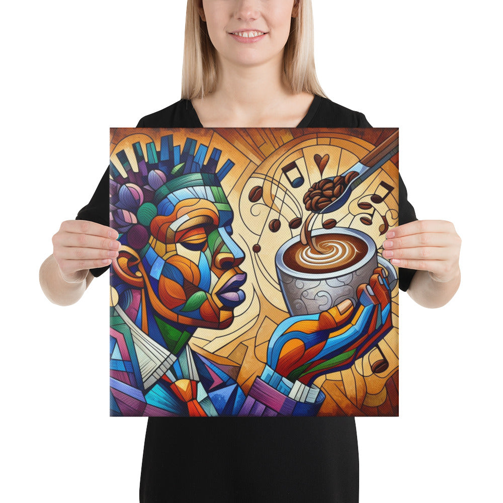 Person holding a Soul Brew painting of a face and coffee cup with musical elements.