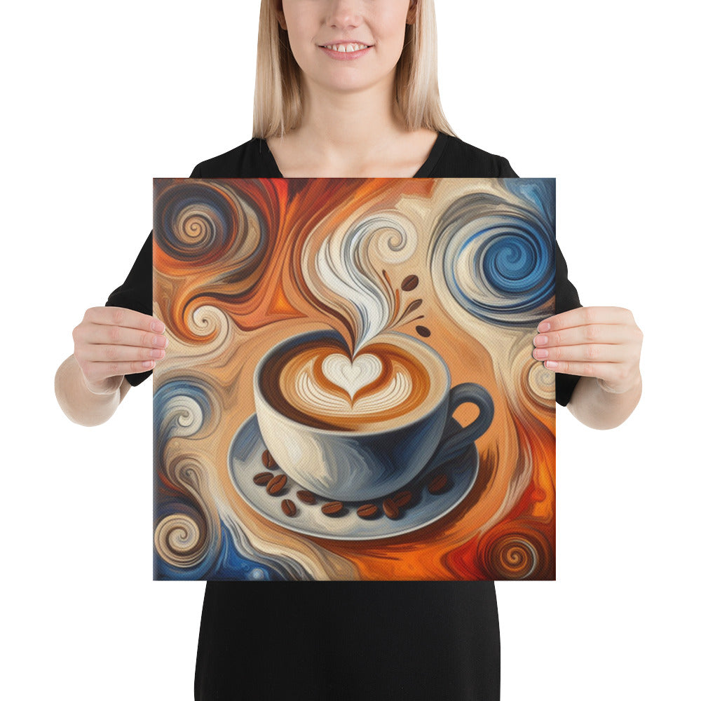 Person holding a canvas print of a coffee cup with Latte Swirl