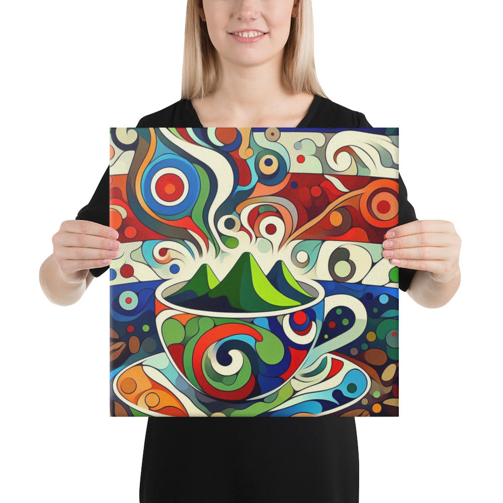 Person holding a colourful abstract art print featuring a cup and saucer in the colours of Costa Rica