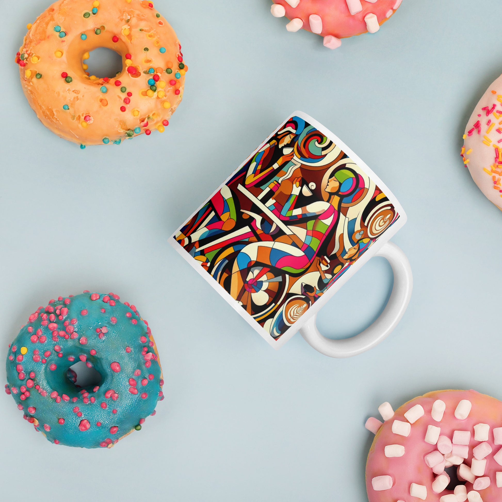 coffee with 5 doughnuts