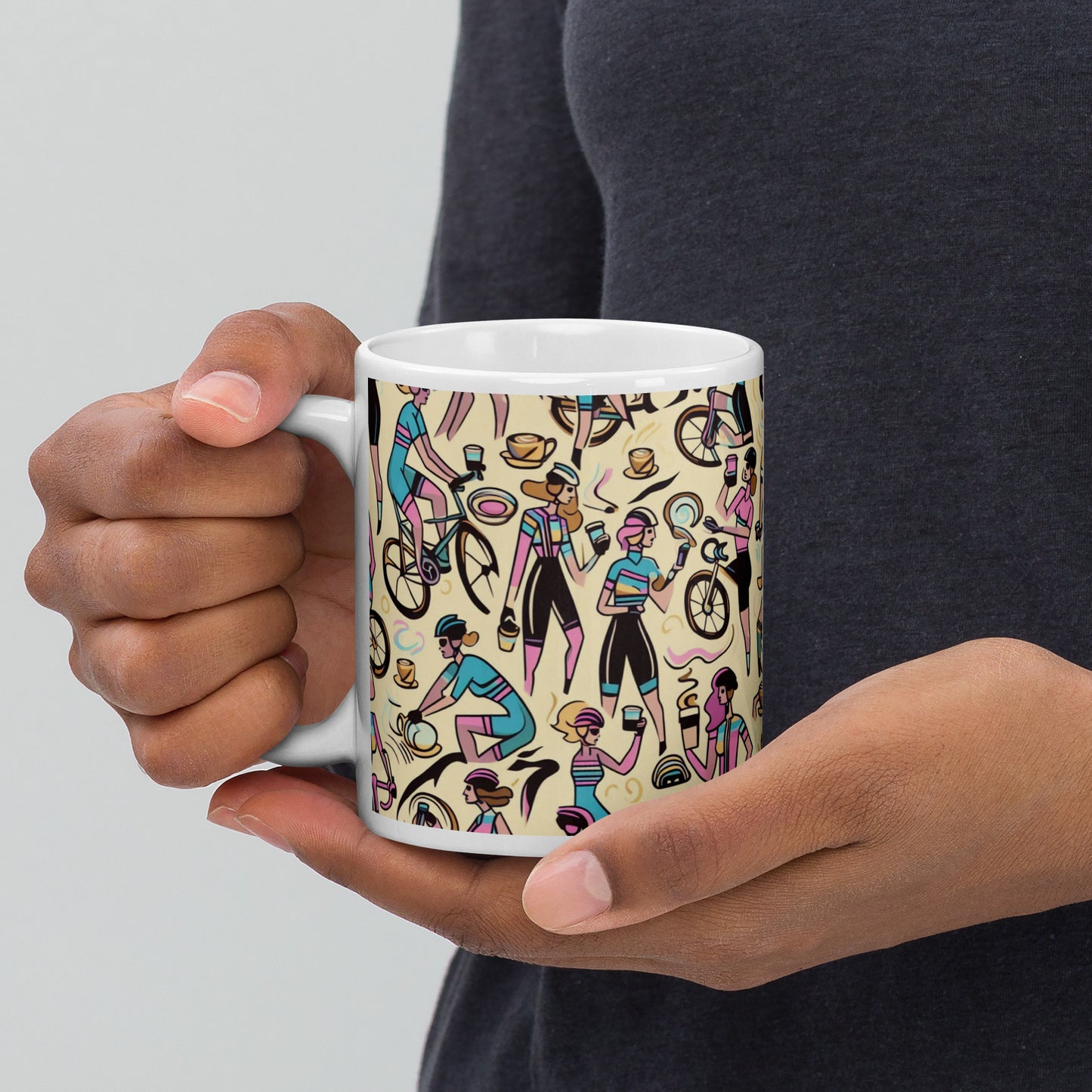 mugs showing cyclist with coffee