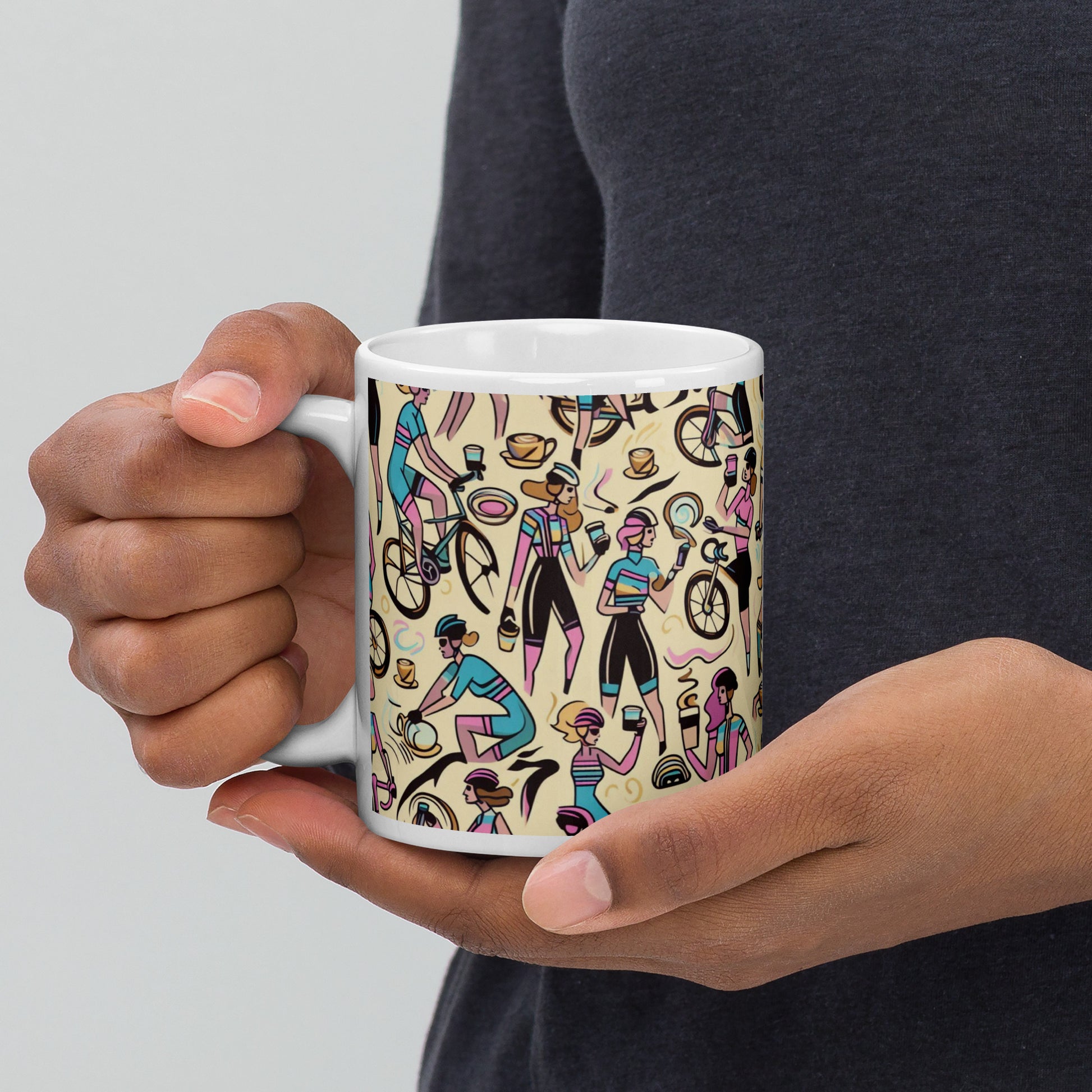 mugs showing cyclist with coffee