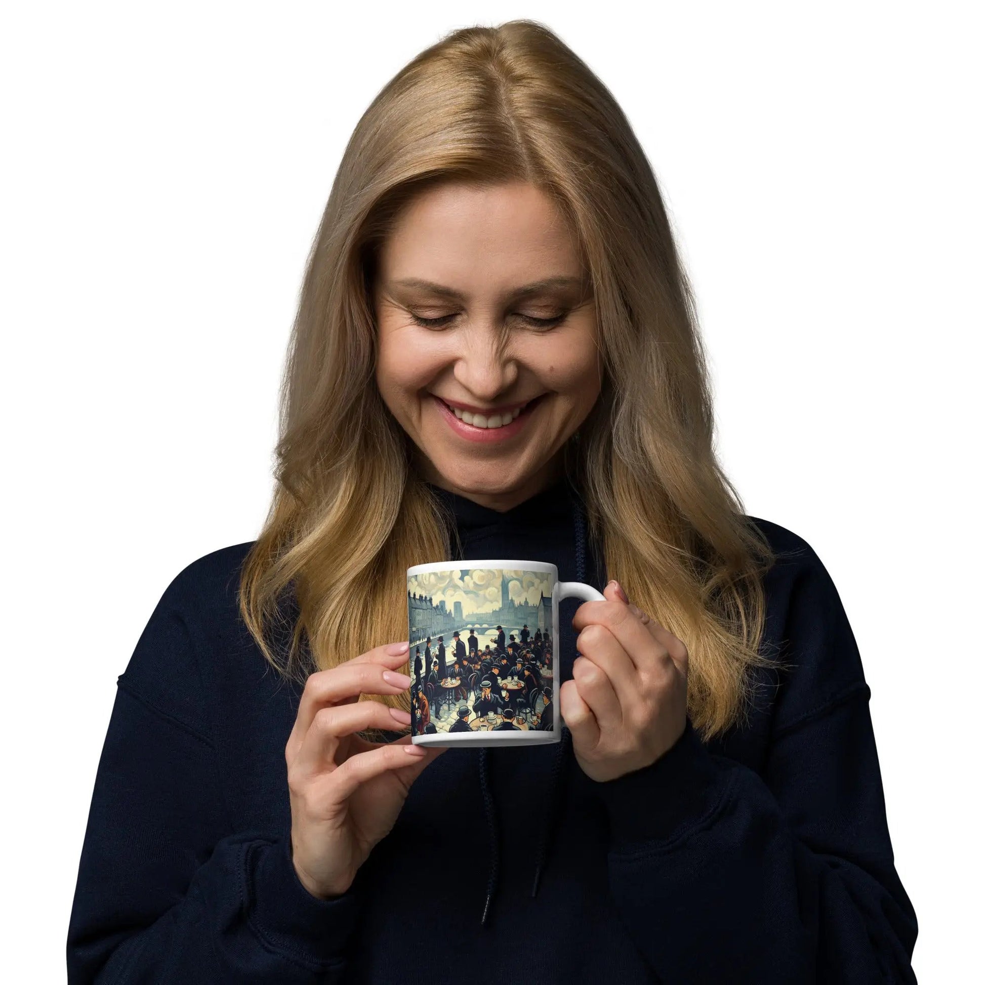 woman smiling with coffee mug