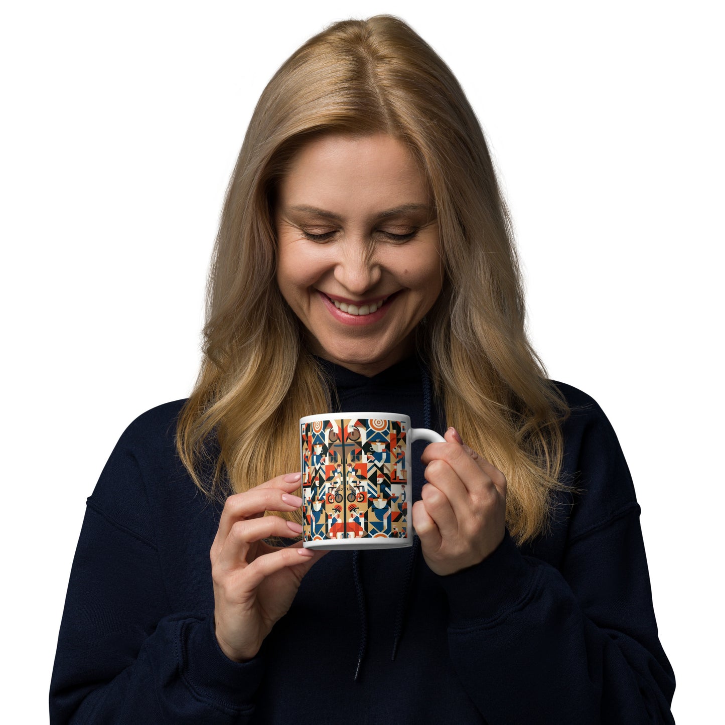 woman enjoys Bauhaus style mug